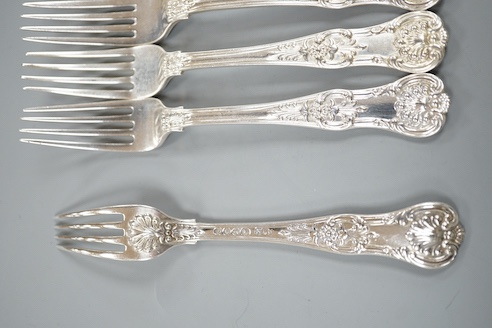 A set of nine early Victorian silver Queen's pattern dessert forks, William Eaton, London, 1837, 18oz.